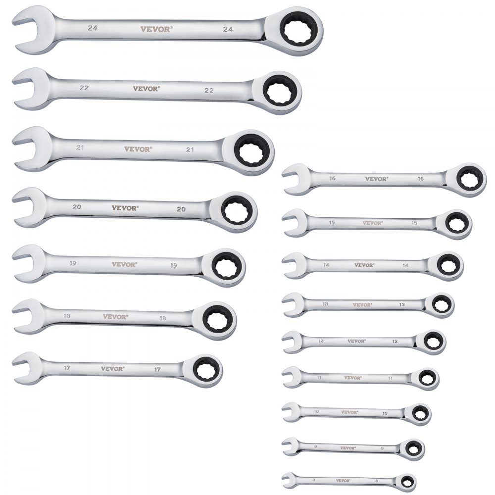 Combinatiesleutelset, 16-delige ratelsleutelset met organizerrek, Cr-V stalen moersleutelset, metrisch 8 mm tot 24 mm, ideaal voor huishouden, garage, werkplaats, noodgevallen bij autoreparatie