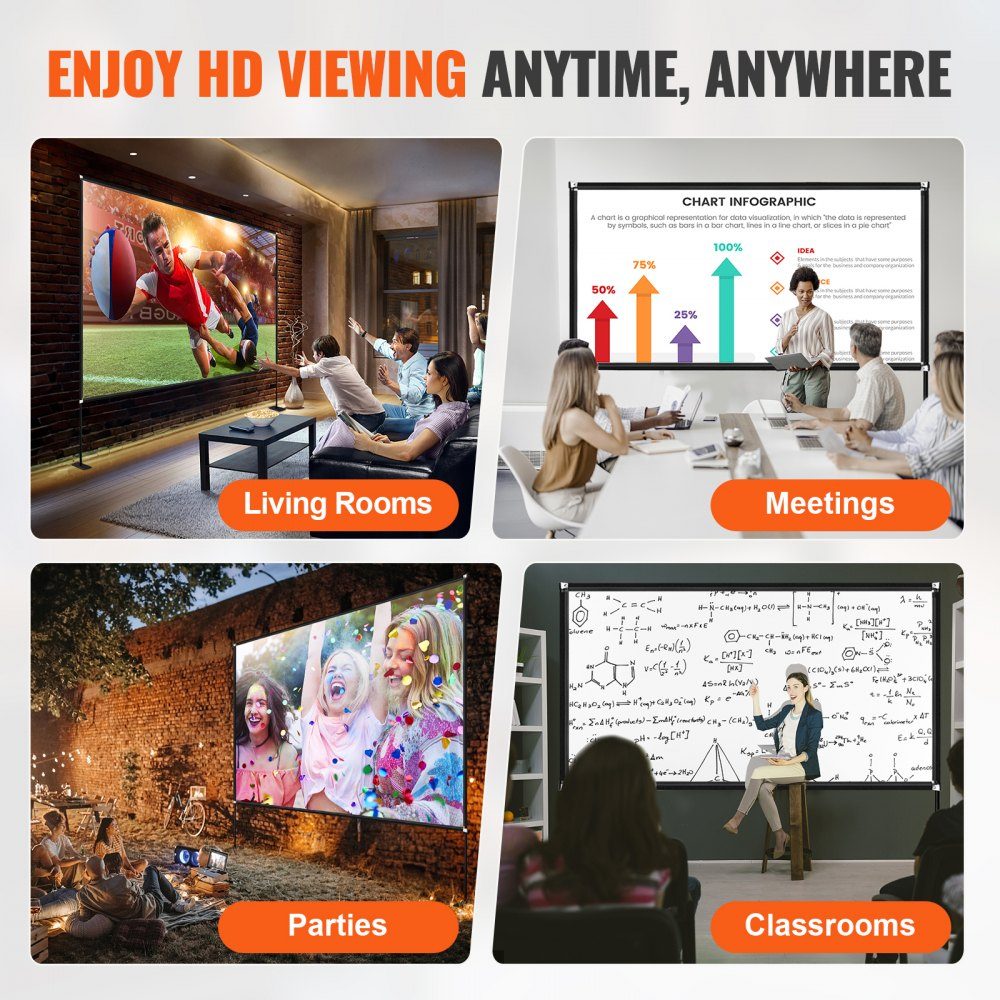 Projection Screen with Stand 15" Portable Movie Screen 16:9 Outdoor Indoor Projector Screen 138" x 80" Mobile Projector Screen 160°