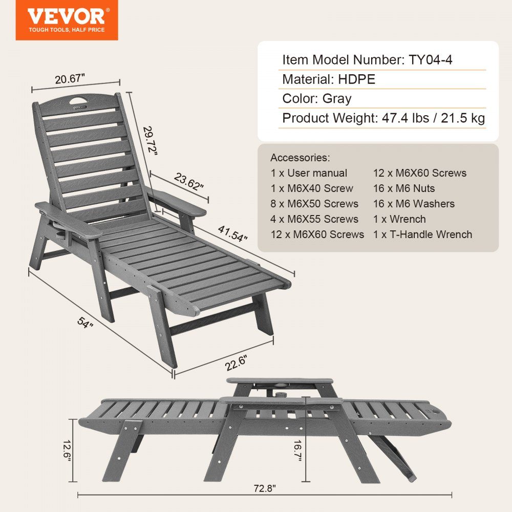 Sun Lounger 400lb Load HDPE Garden Lounger Beach Lounger with 6 Way Adjustable Backrest Armrest Cup Holder Balcony Lounger Patio Lounger for Pool Patio Patio Lawn Gray