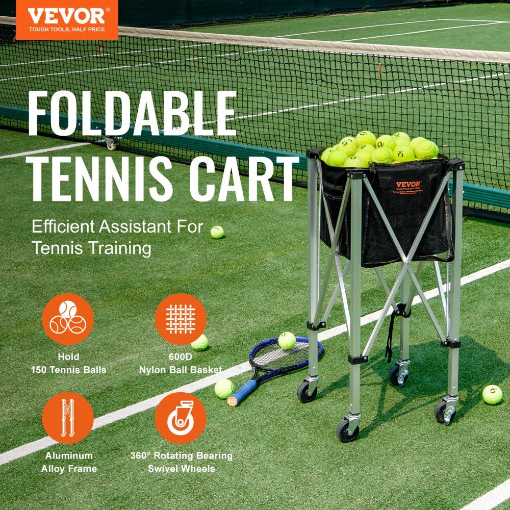 Conteneur de balles de tennis pliable, peut contenir 150 balles de tennis, chariot léger en alliage d'aluminium avec roulettes, sac amovible, sac de transport, chariot d'éducation physique portable pour joueurs de tennis