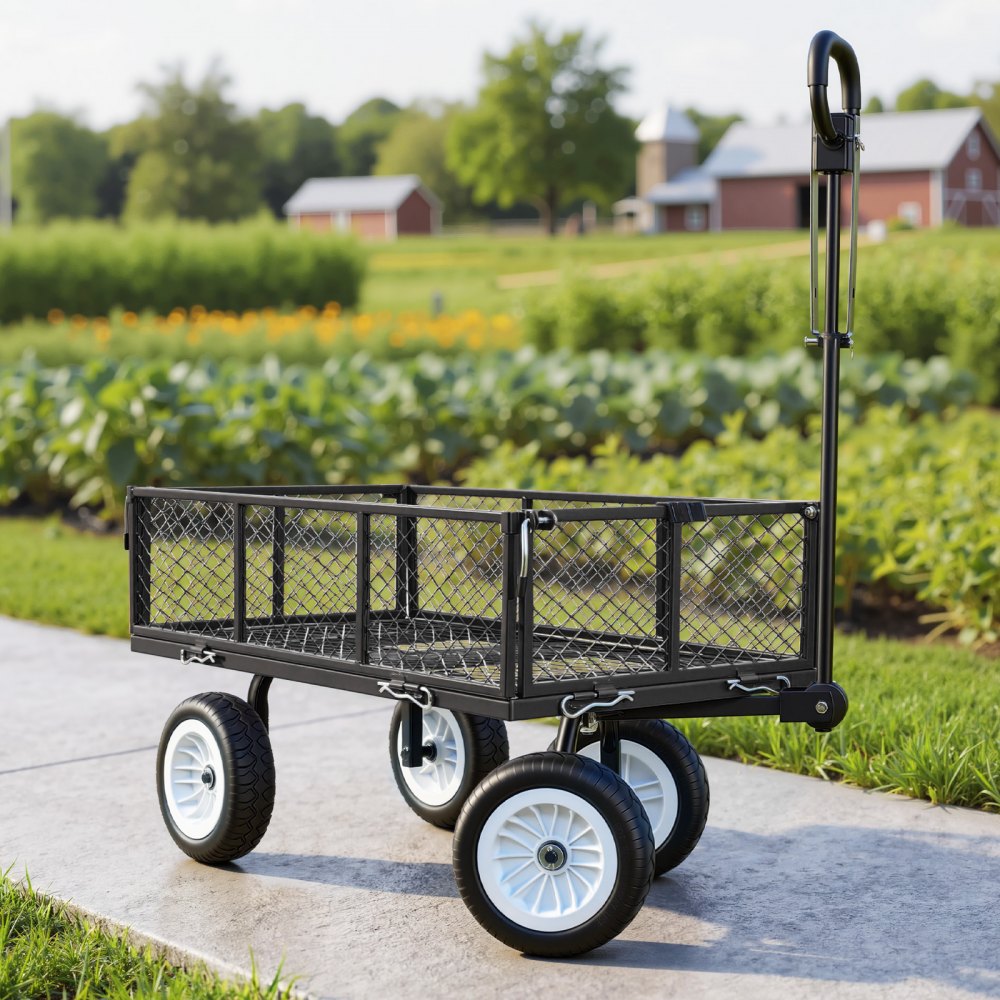 Handcart 408.2 kg load capacity, garden cart with PU tires, transport cart with adjustable handle, removable side walls, handcart for attachment to ATV or tractor, black Handcart 408.2 kg load capacity, garden cart with PU tires, transport cart with adjustable handle, removable side walls, handcart for attachment to ATV or tractor, black