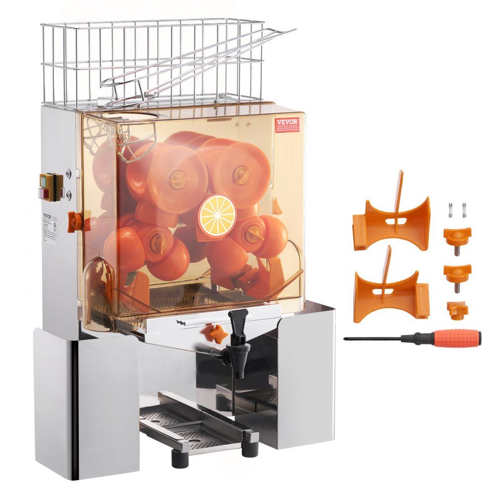 Kommerzielle Orangenpresse, halbautomatische 120-W-Entsafter, Edelstahl-Orangenpresse für 20 Orangen pro Minute, mit Wasserhahn und PC-Abdeckung, kommerzielle Zitruspresse, elektrische Zitruspresse
