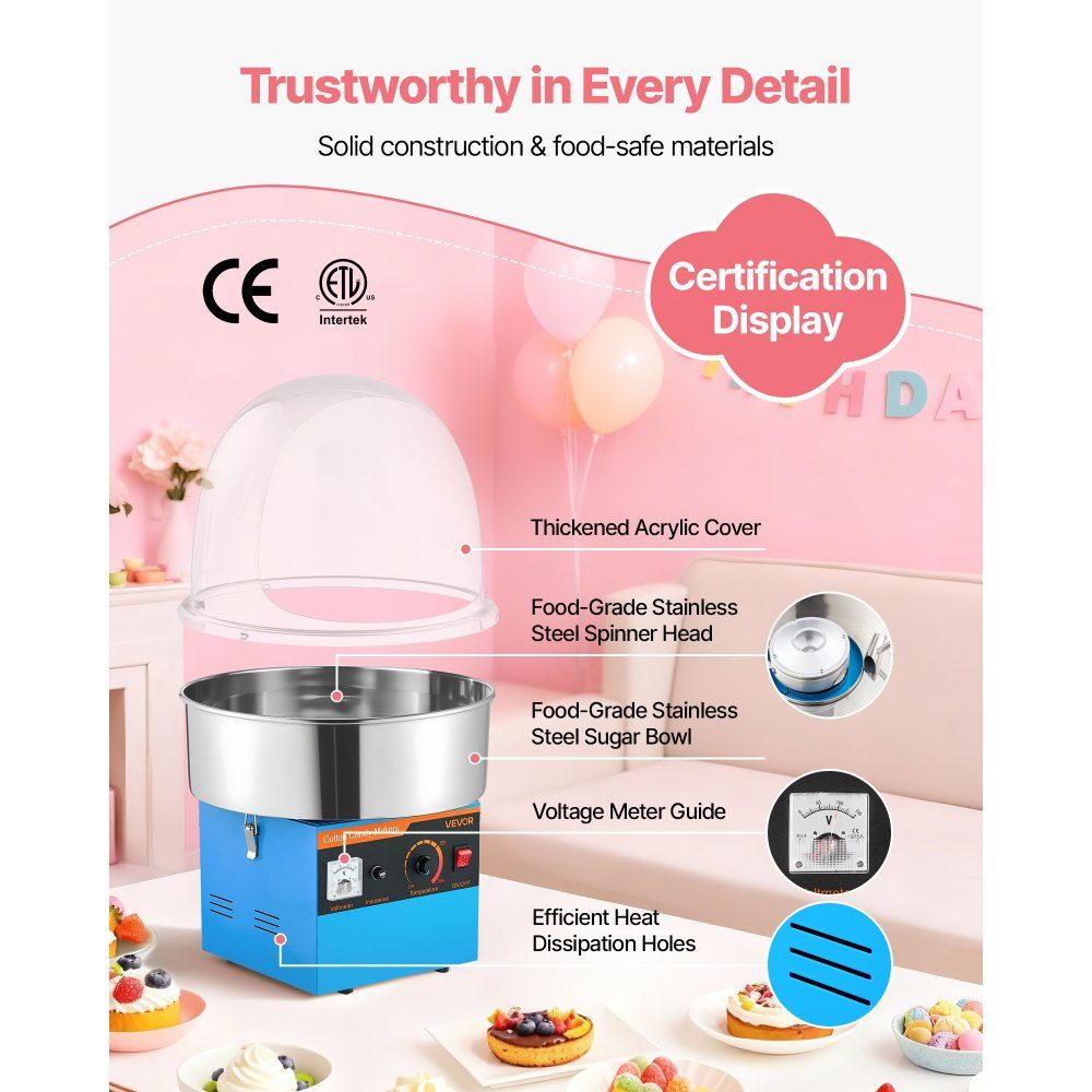 Machine à barbe à papa électrique 1000 W, machine à barbe à papa avec couvercle, bol en acier inoxydable et cuillère à sucre, idéale pour le carnaval, les anniversaires, les fêtes de famille, machine à barbe à papa professionnelle bleue