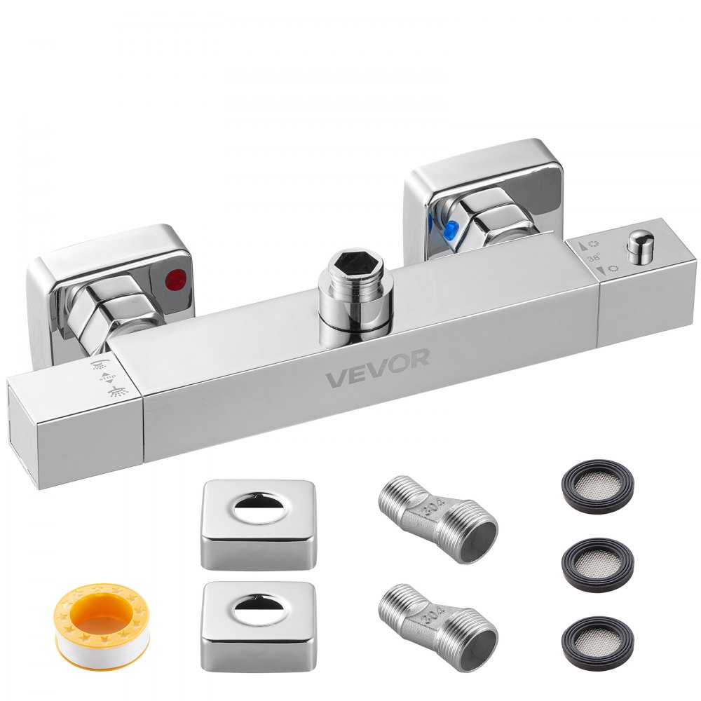 Robinet de douche avec thermostatique, thermostat de douche avec verrouillage de sécurité 38 °C, robinet de douche, robinet de baignoire (2 trous), vannes de régulation de température pour salle de bain, camping-car, hôtel, chrome-argent Robinet de douche avec thermostatique, thermostat de douche avec verrouillage de sécurité 38 °C, robinet de douche, robinet de baignoire (2 trous), vannes de régulation de température pour salle de bain, camping-car, hôtel, chrome-argent