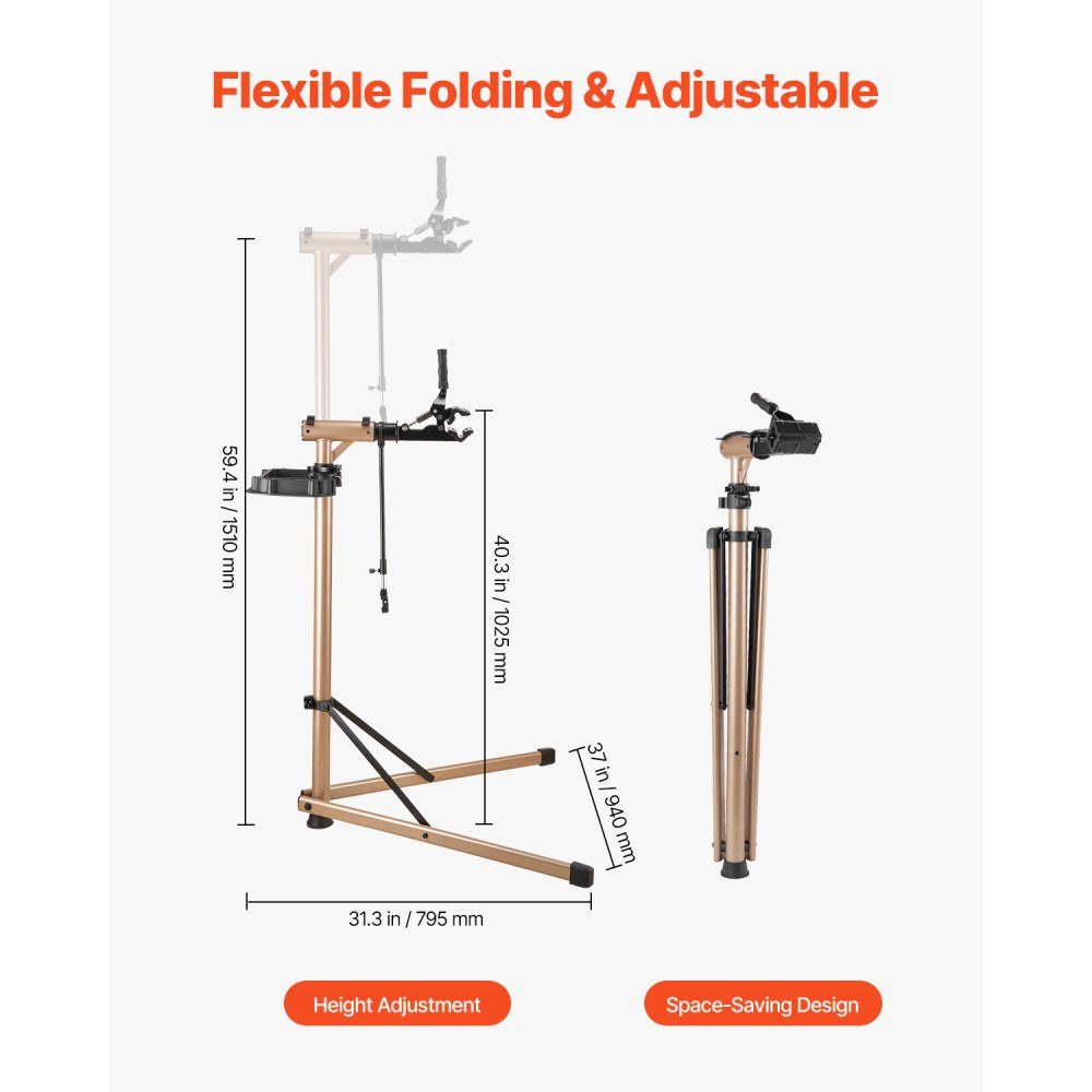 Support de réparation de vélo, support de réparation de vélo (capacité de charge de 49,9 kg) avec hauteur réglable de 1025 à 1510 mm et grand plateau à outils, support d'entretien pliable pour vélos de montagne, vélos de route