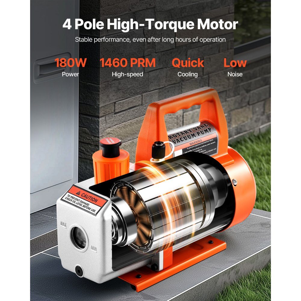 Vacuum Pump 99L/min HVAC Single Stage Rotary Vane AC Vacuum Pump for R134a R22 R410a Systems with Oil Bottle 4 Pole Motor 5Pa for Automotive Air Conditioning Resin Degassing