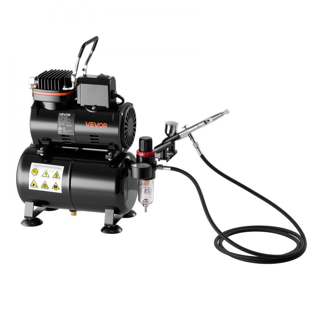 Airbrush Set 1/6 HP with Air Compressor & Tank, 1 Dual Action Airbrush Gun with 3 Nozzles (0.2/0.3/0.5mm) & Hose & Acrylic Paint & 1 Fan, for Cake Decoration, Model Painting, Nail Art