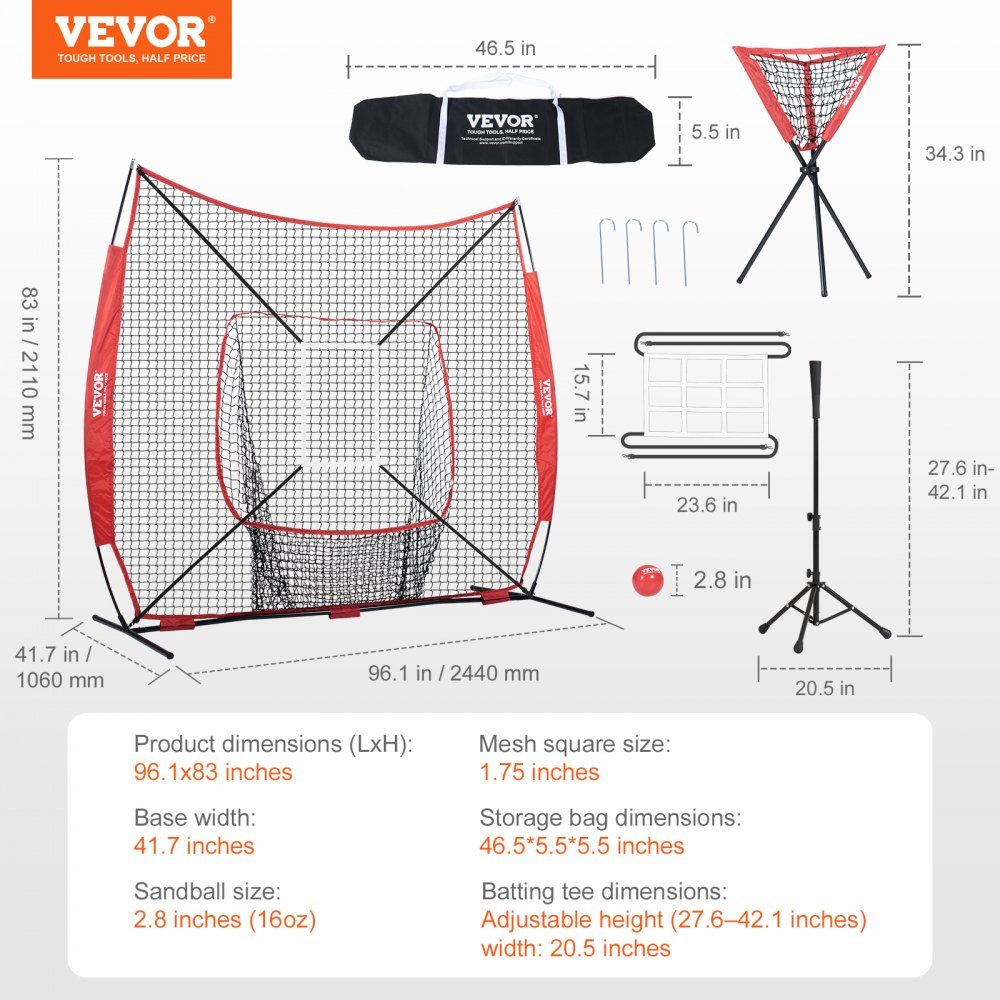 94" x 42" x 84" Baseball Softball Practice Net, Baseball Training Net, Batting, Catching, Pitching, Backstop Baseball Equipment with Arch Frame, Carry Bag, Strike Zone, Ball, Ball Collector