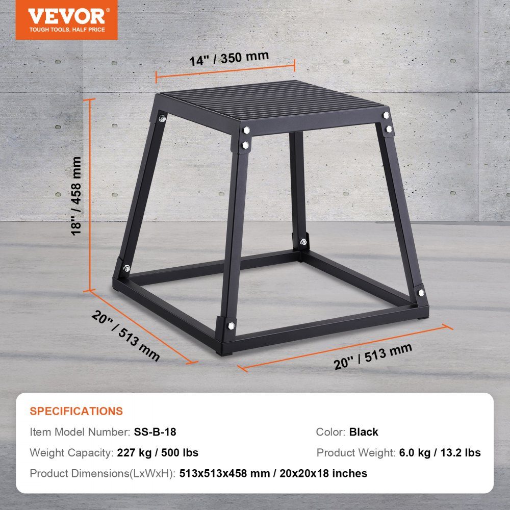 Plyometrische Jump Box, 458 mm Plyo Box, Plyobox Platform Zwart, Antislip Fitness Oefening Step Up Box voor thuistraining, Conditiekrachttraining, Dijtraining