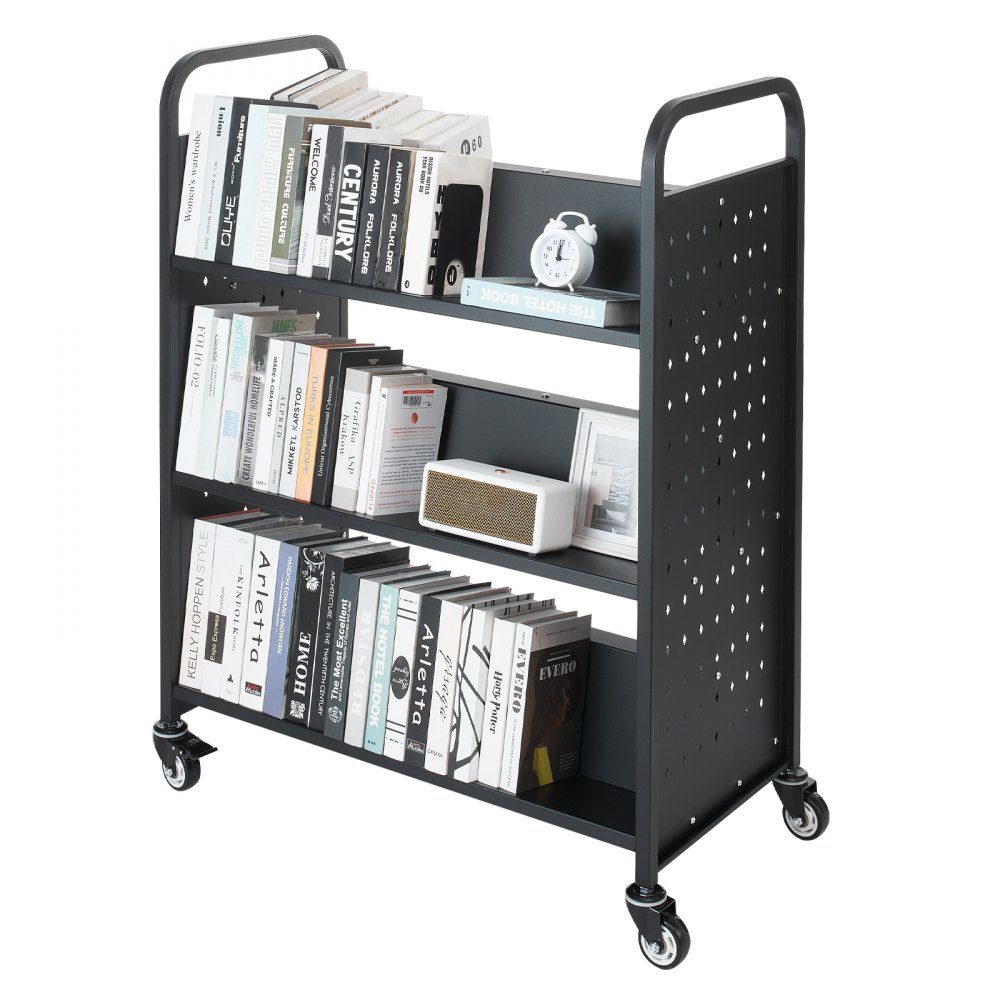 Bücherwagen, 159 kg Tragkraft, Bibliothekswagen, 970 x 515 x 1225 mm, doppelseitiges W-förmiges Bücherregal mit Doppelbremsrädern, Aufbewahrungswagen für Wohnzimmer, Büro, Schule, Schwarz