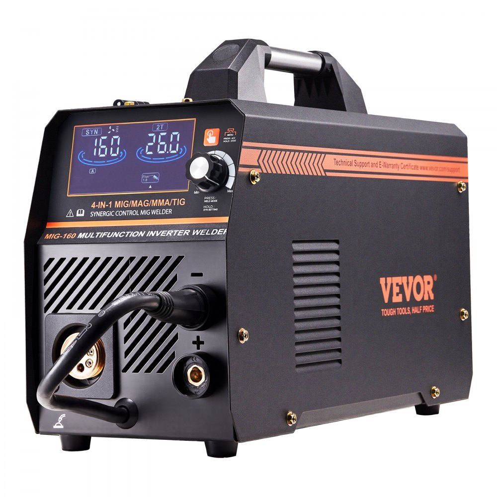 MIG-lasapparaat, 160A-lasapparaat, synergisch MIG-lasapparaat, 4-in-1 gas/MIG/MMA/Lift TIG-multiproceslasapparaat met IGBT-invertertechnologie en LCD-scherm