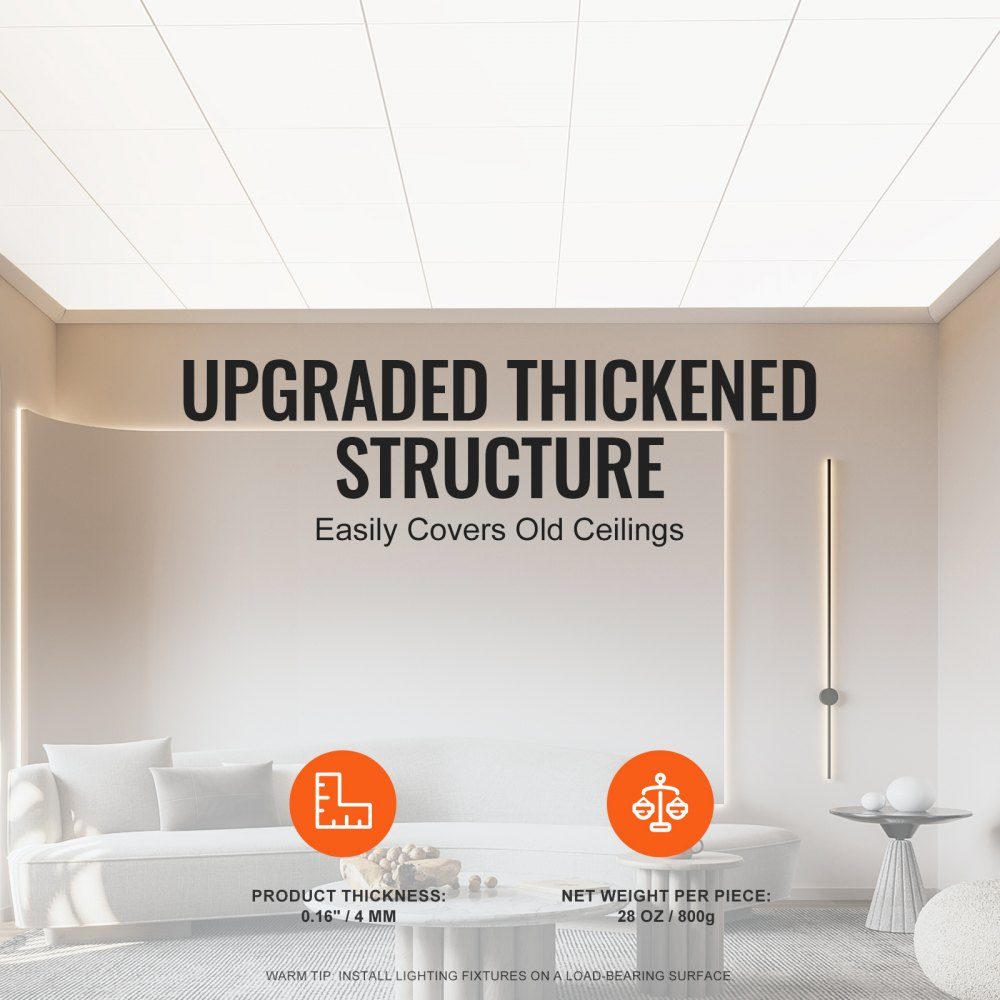 Ceiling Tiles, 12 Pack 24x24 Inch Suspended Ceiling Tiles Made of High Quality PVC Foam, Fireproof, Good Flexibility and Easy Installation, Ceiling Panel for Home/Office Decoration, Smooth White