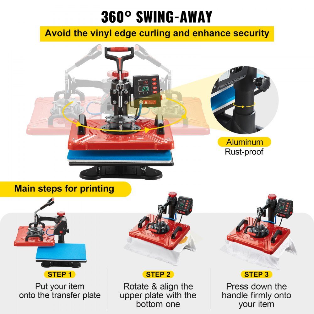 Heat Press 38x30cm Transfer Press 10 in 1 T-Shirt Press Red Textile Press Hot Press 360 Degree Rotating Multifunctional Sublimation Machine