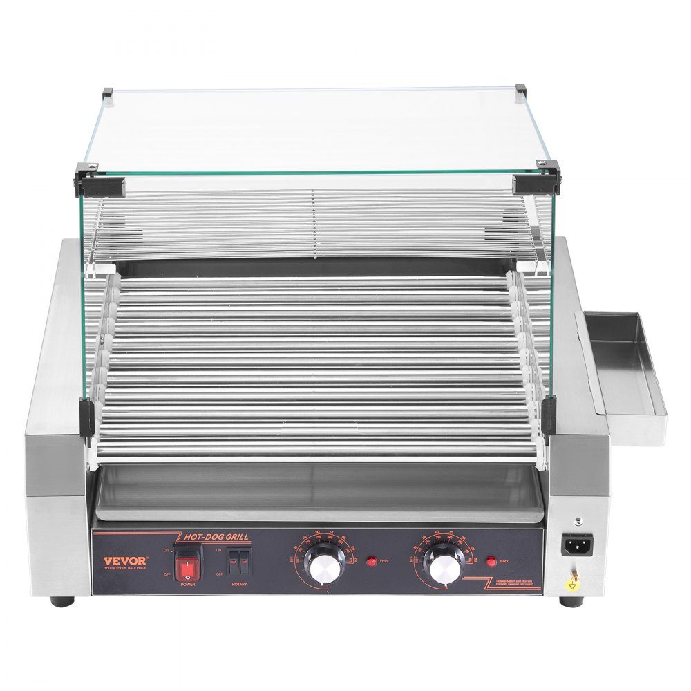 Hot Dog Grill Machine Hot Dogs 11 Rolls Stainless Steel 2200W Electric Grill with Cover & 2 Temperature Controls & Side Storage Box & Removable Shelf & Oil Drip Tray