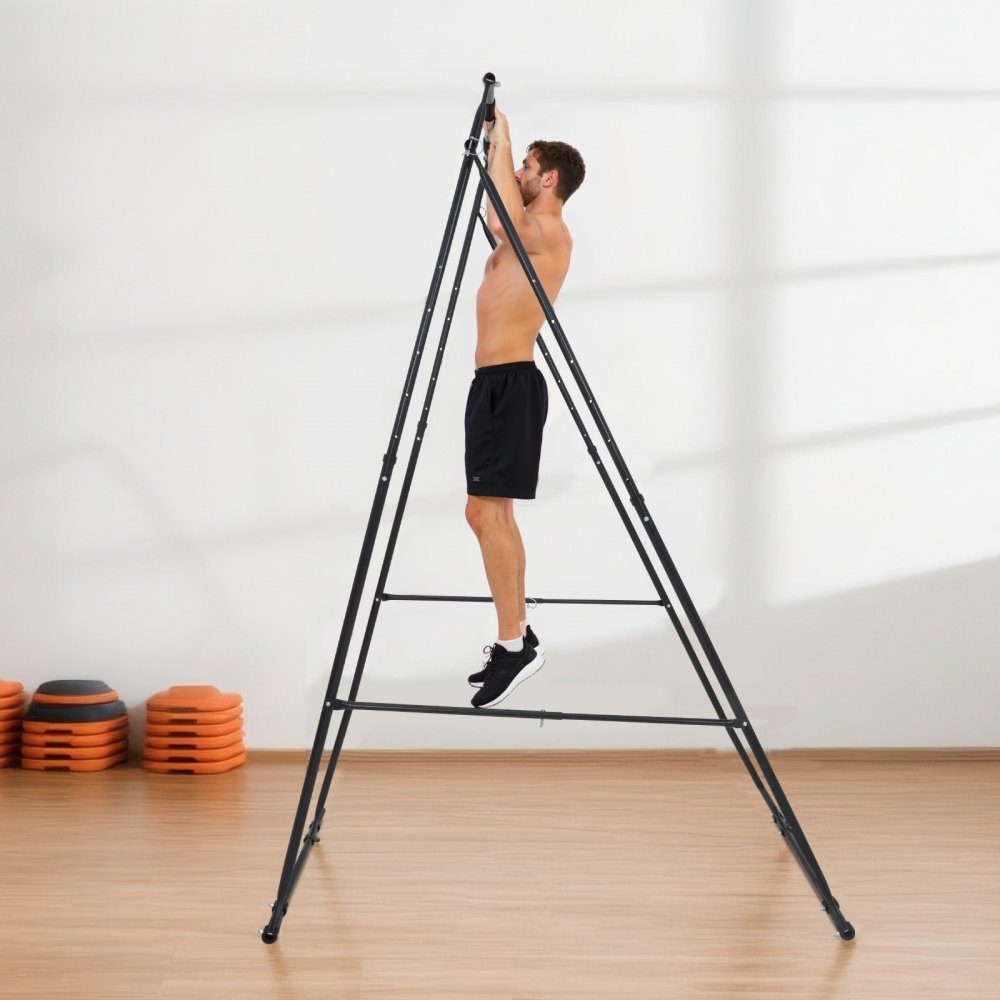Aerial Yoga Frame Schommelstandaard met 6 m yogahangmat (wit) en Max. 200 kg laadvermogen, driehoekige structuur en EVA-schuim, horizontale aanpassing op 4 niveaus en verticale aanpassing op 6 niveaus