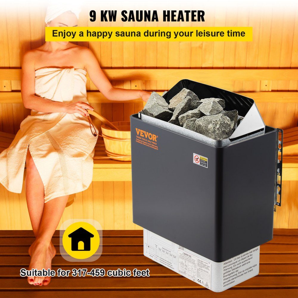 Saunaofen 9 KW, Sauna-Elektroherd 380 V – 415 V, Edelstahl-Saunaofen, elektrischer Saunaofen 2 Modi (Temperatur, Zeit), mit externem Steuergerät & 3M-Temperatursensor (Saunastein nicht im Lieferumfang enthalten)
