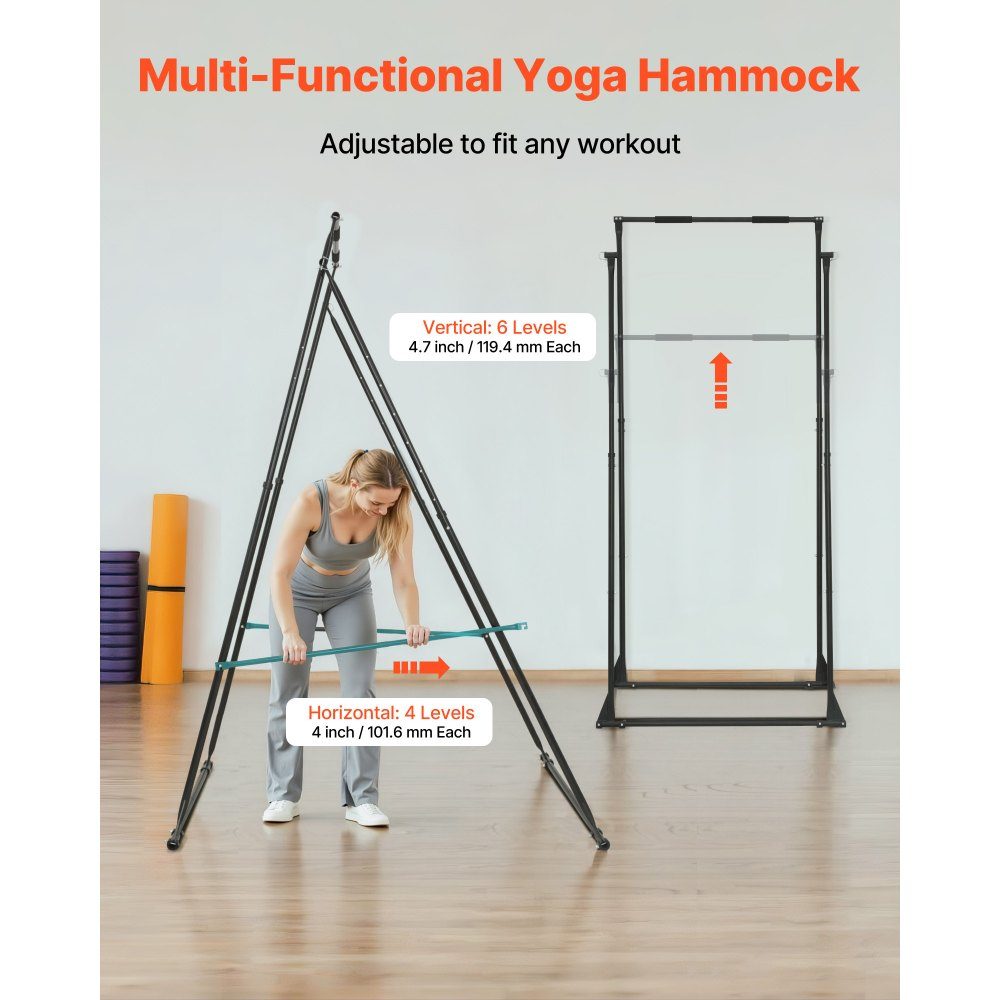 Aerial Yoga Frame Schommelstandaard met 6 m yogahangmat (wit) en Max. 200 kg laadvermogen, driehoekige structuur en EVA-schuim, horizontale aanpassing op 4 niveaus en verticale aanpassing op 6 niveaus