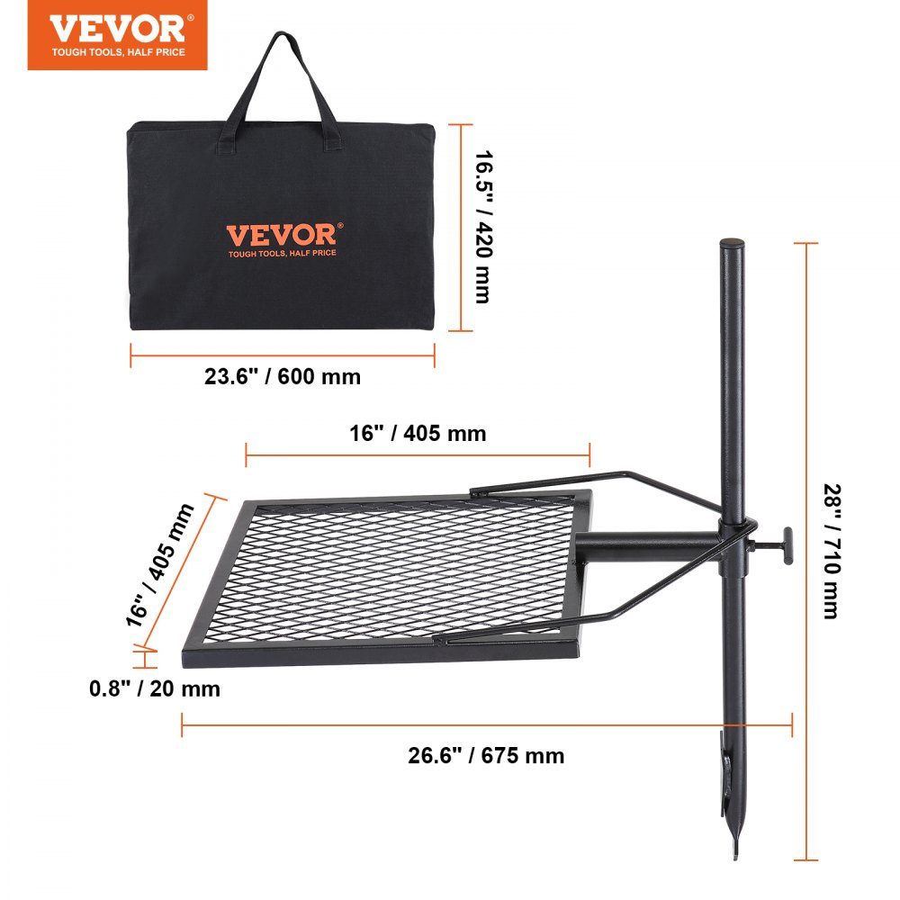 Rôtissoire en acier gril pivotant 405x405mm gril à charbon de bois support de gril portable support de gril 6 kg capacité de charge 300 ℃ gril à rôtir autoportant barbecue grill chariot barbecue camping