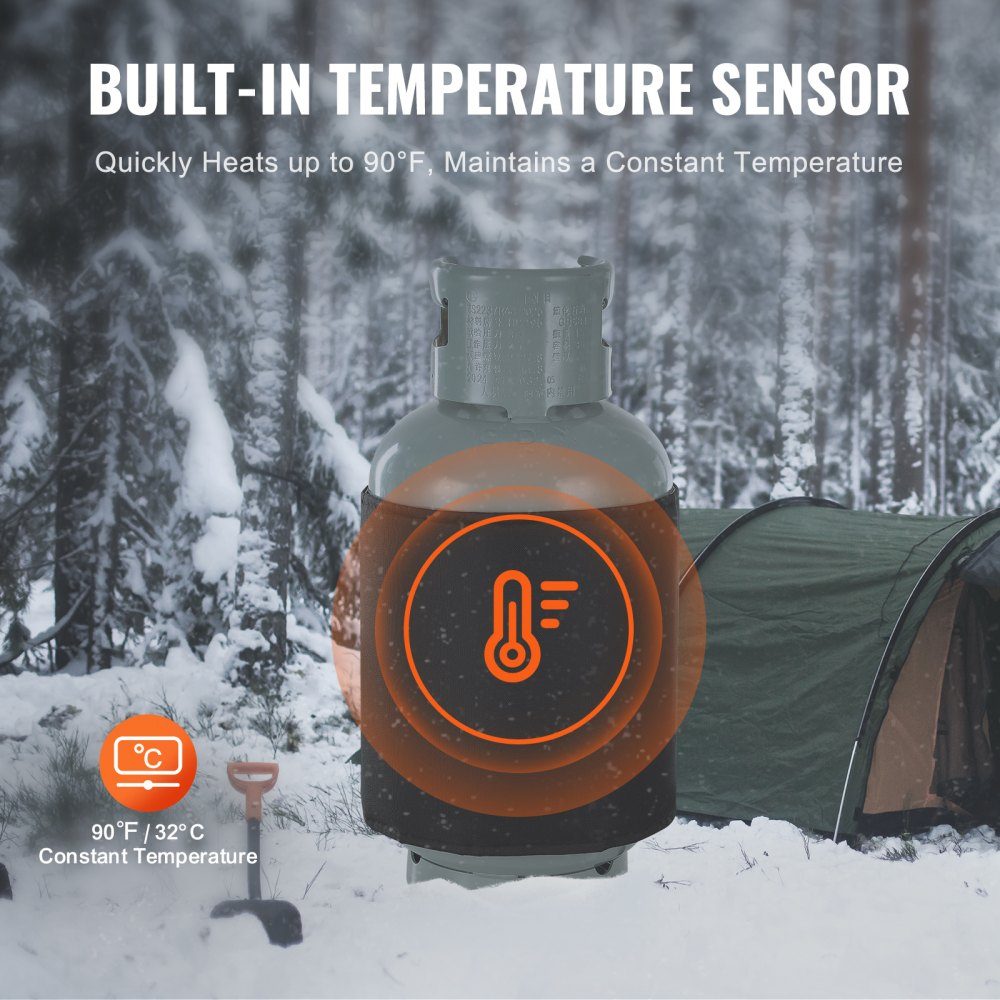 Insulated band style gas bottle warmer, fits 40lb gas tanks, 120W propane heater, fixed internal thermostat, maximum temperature 90°F, durable waterproof oxford fabric, CE approved