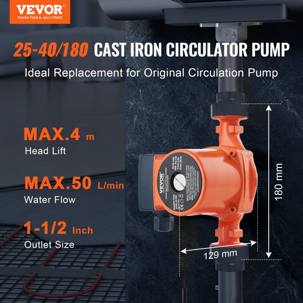Heizungspumpe Umwälzpumpe Gusseisen 220 V 72 W, 50 l/min max. Durchflussmenge, 4 m max. Förderhöhe, 1-1/2 Zoll Gewindeanschluss, Temperaturbereich von 2 °C bis 110 °C, drei einstellbare Durchflussmengen, geräuscharm