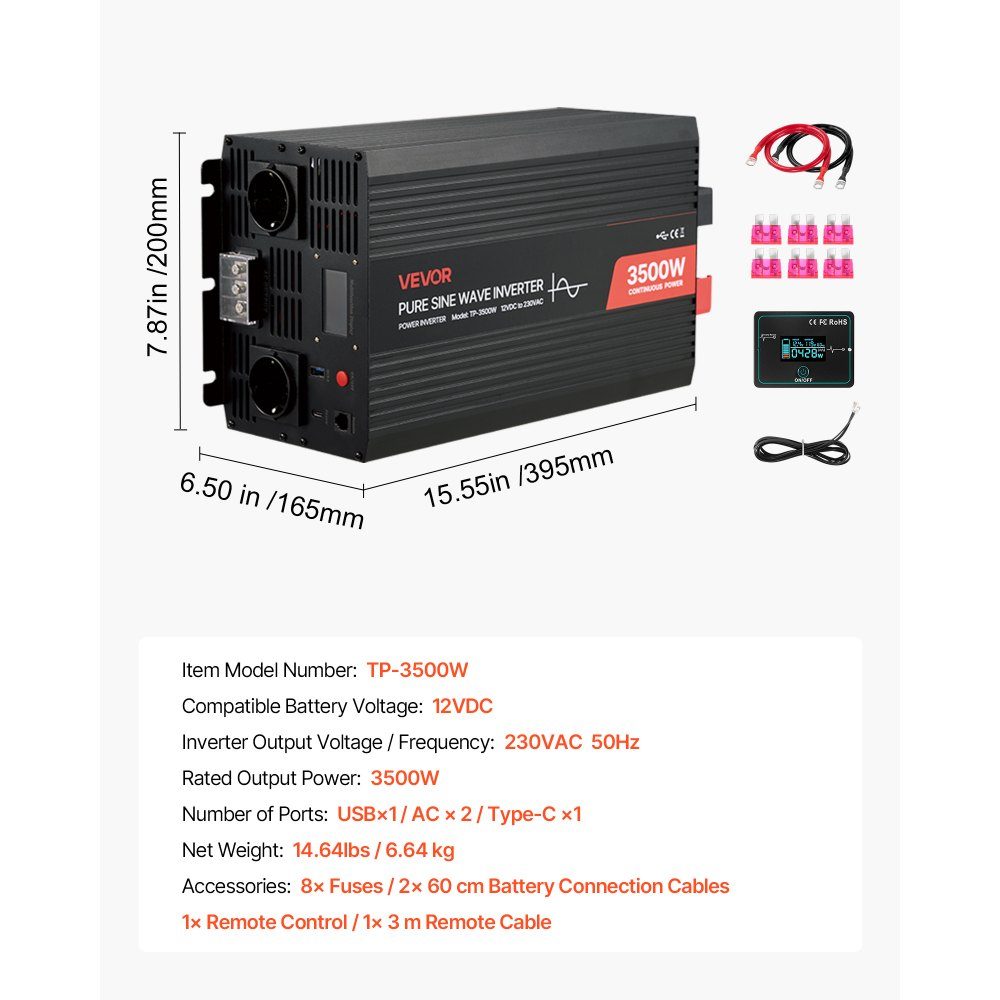Przetwornica mocy 3500 W Przetwornica napięcia 12 V DC na 230 V AC Czysta fala sinusoidalna Konwerter ładowarki samochodowej na energię słoneczną z wyświetlaczem LCD Pilot zdalnego sterowania Port USB 2 gniazda AC Port typu C – Nr kat. HT-22251