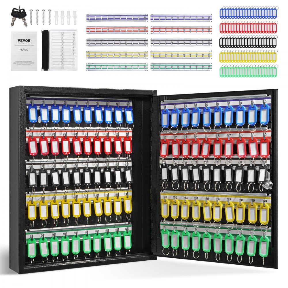 Key cabinet, key box, 100 keys, black key box, key safe, adjustable, lockable key cabinet with 10 key holders, 2 keys and 2 index cards