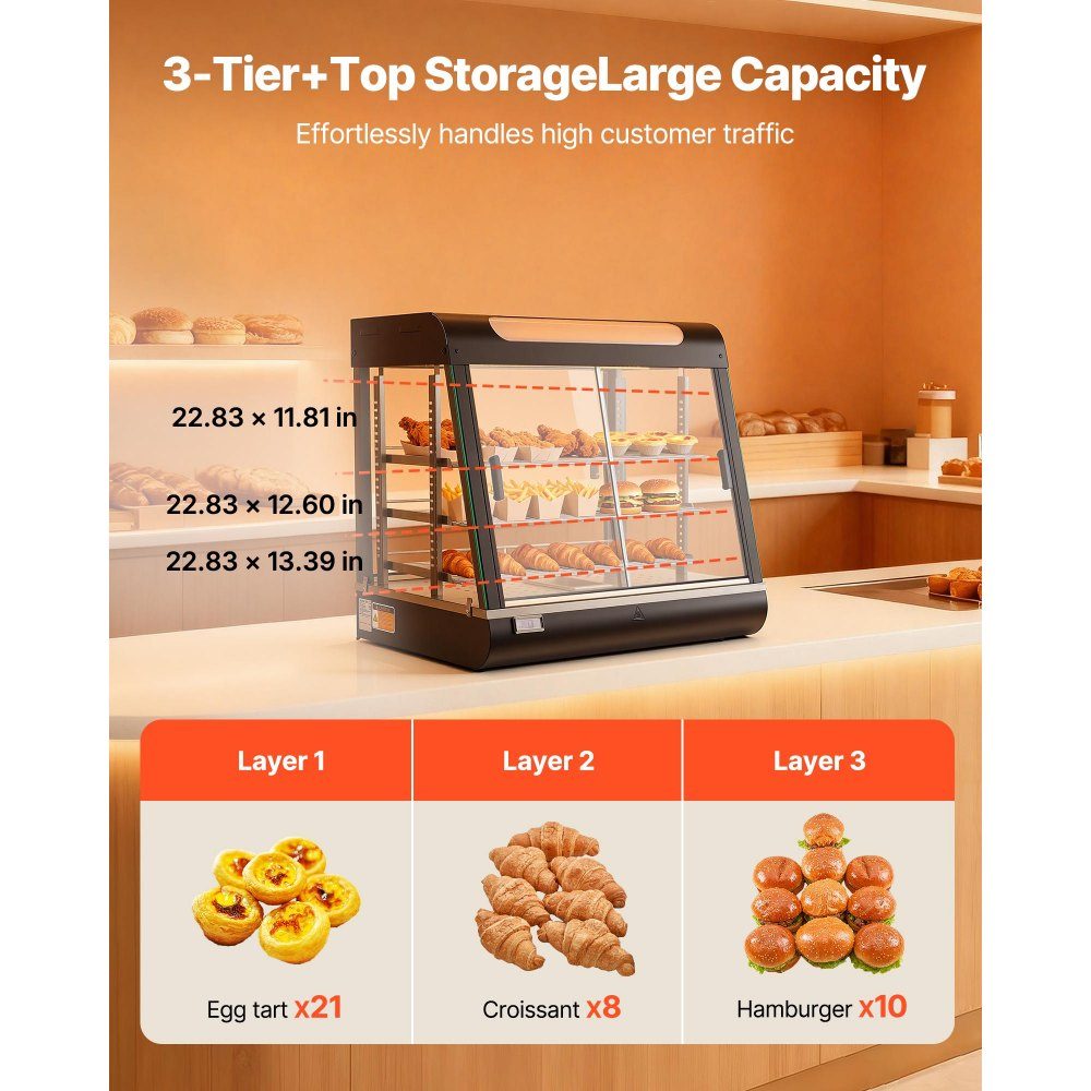 Table chauffante à 3 étages 100 L, vitrine chauffante 1200 W, table chauffante 30-85 °C, chauffe-plats avec éclairage LED et étagères réglables, vitrine alimentaire pour hamburgers, pizza, pain, poulet rôti