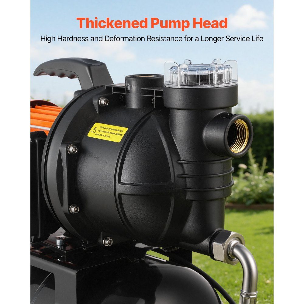 Hauswasserwerk 735 W, 3785 L/h Strahlpumpe mit 19 L Druckbehälter, 39 m Förderhöhe, inklusive Filter, Rückschlagventil & Kunststoff-Pumpenkopf, zur automatischen Gartenbewässerung & Hauswasserversorgung