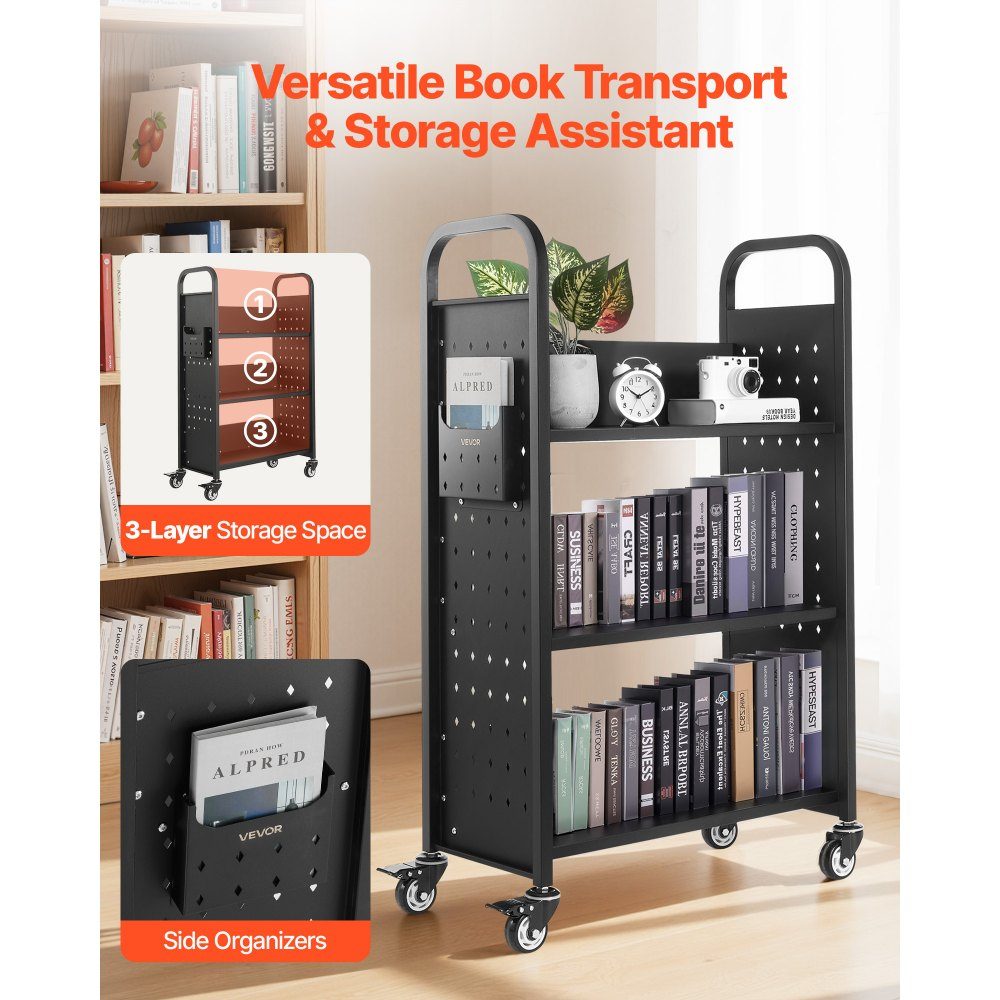 Bücherwagen, 150 kg Tragkraft, Bibliothekswagen, 77 x 38 x 122 cm, einseitiges L-förmiges Bücherregal mit Doppelbremsrädern, Bücherregalwagen für Wohnzimmer, Büro, Schule, Schwarz