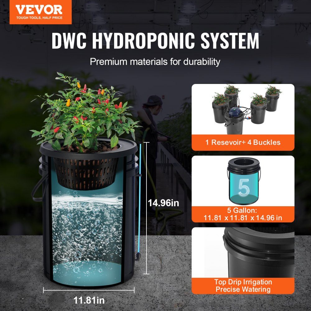 RDWC Hydroponic Growing System, Hydroponic Growing Kit with Drip Top, Circulation Deep Water Culture, 4 Buckles and 1 Reservoir, with Air Pump and Water Level Indicator for Leafy Vegetables