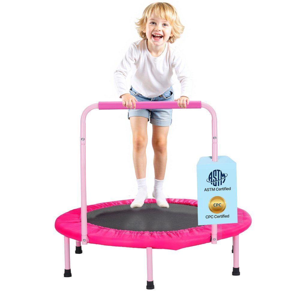 Trampolina dla dzieci, trampolina zewnętrzna, składana trampolina 36 cali z uchwytem, ​​trampolina do odbijania, trampolina ogrodowa dla małych dzieci, prezent urodzinowy dla dzieci w wieku 3 lat i starszych, nośność 100 kg, różowy