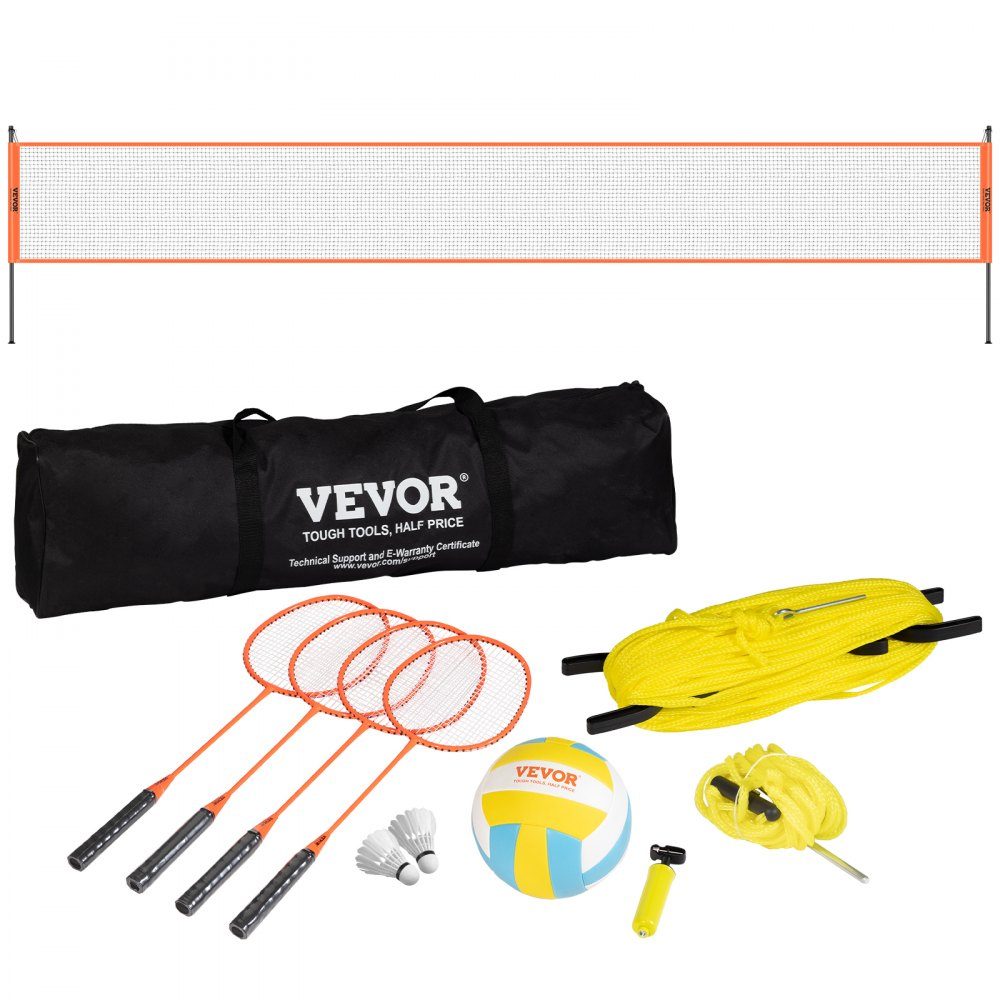 Volleybalnet, in hoogte verstelbaar badmintonnet, 36" x 370" draagbaar strandvolleybalnet, oranje volleybalnet, opvouwbaar volleybalnet met volleybal, draagtas en badmintonracket