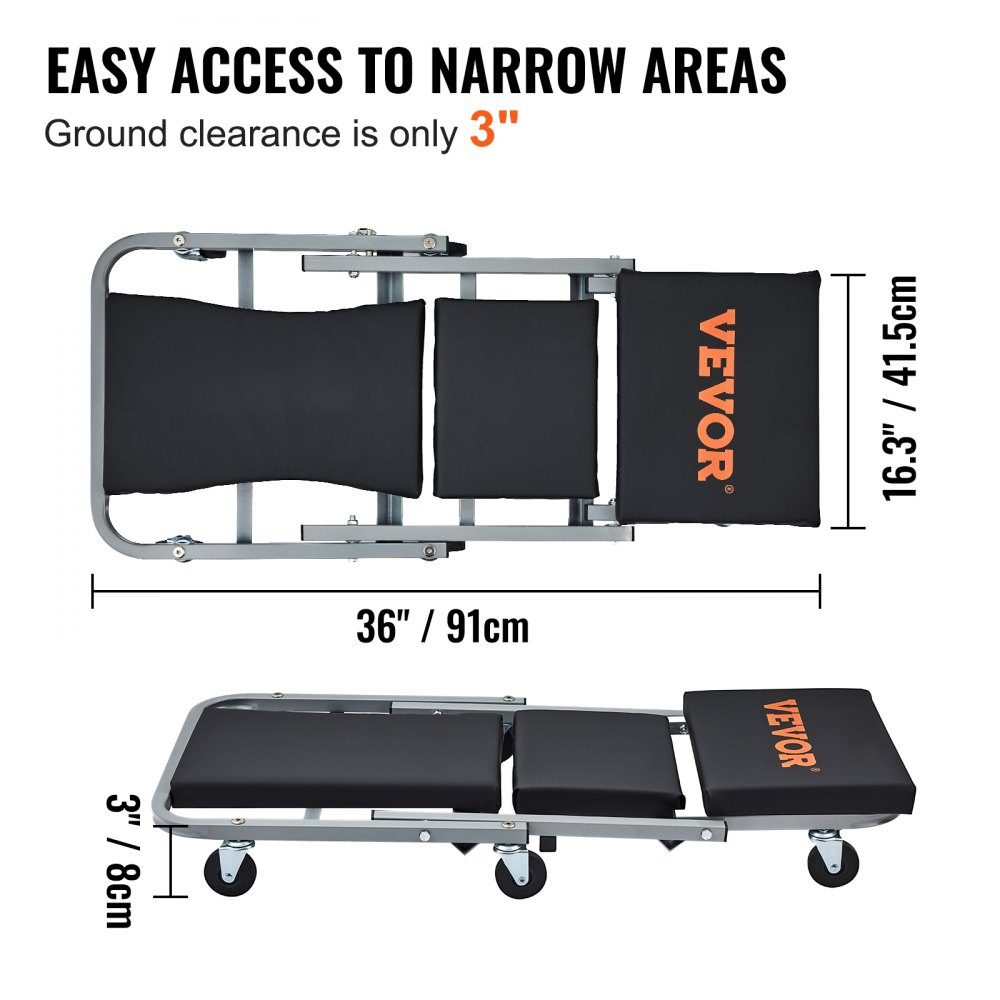 2 in 1 car workshop rolling board, workshop lounger, assembly lounger, workshop stool, 915 x 415 x 128 mm, assembly rolling board seat, steel + vinyl, 360° rotating wheels, folding seat, load capacity up to 136 kg, rolling lounger