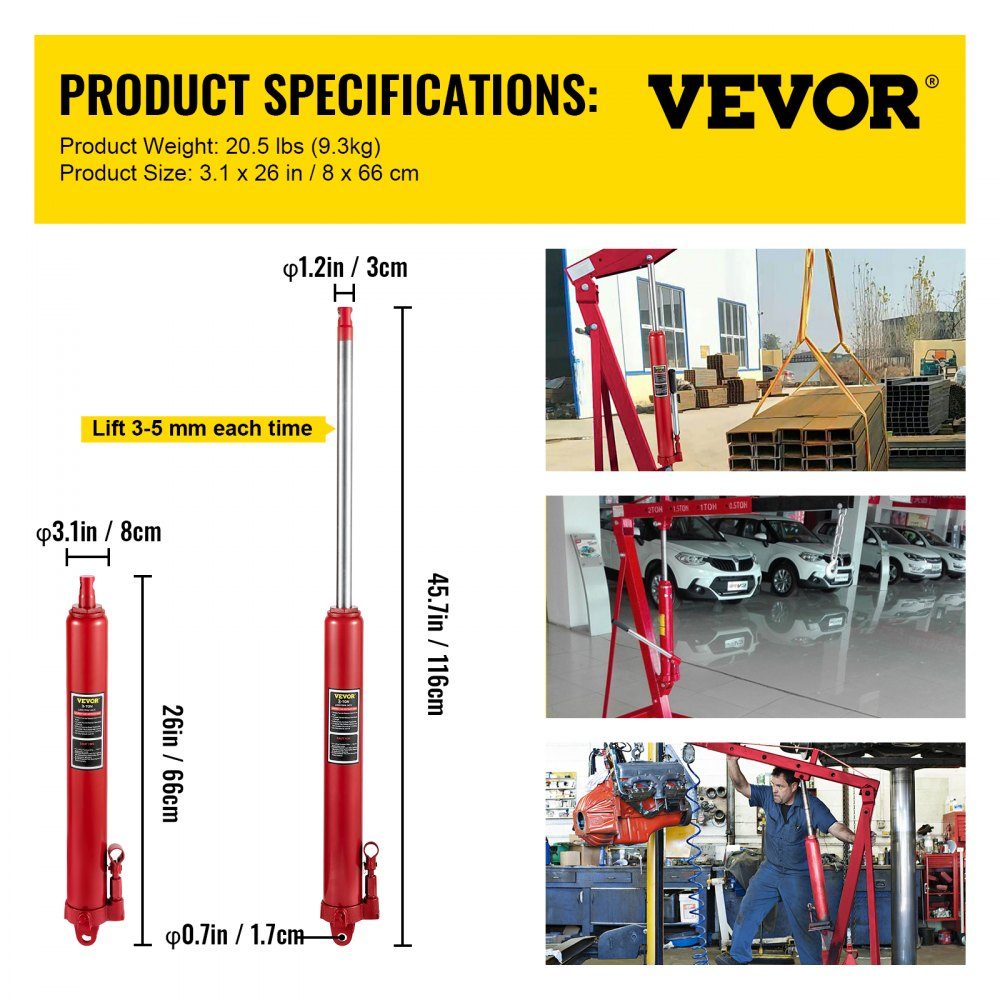 3T Capacity Hydraulic Long Ram Jack Single Piston Pump and Clevis Base Manual Elevating Platform Jack with Handle for Workshop Cranes Engine Hoists Red
