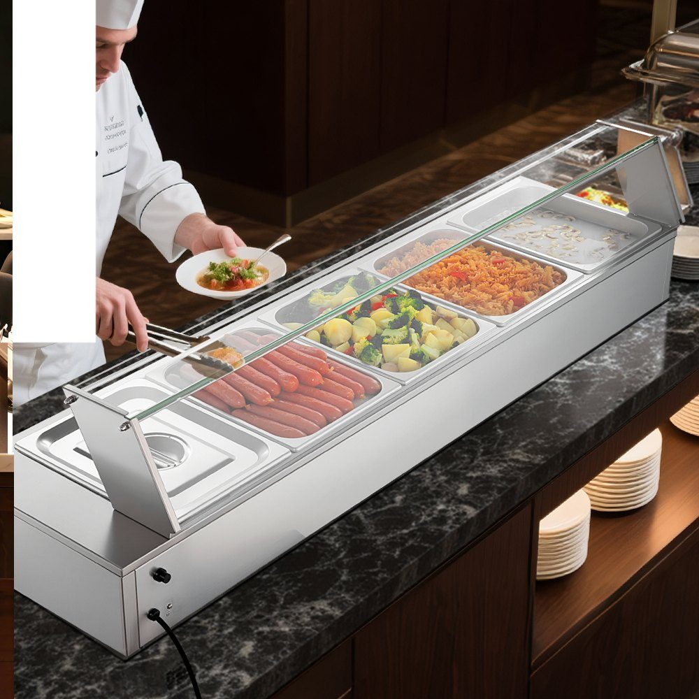 Chauffe-plats professionnel avec couvercle en verre et 5 récipients (taille 1/2) 1,5 kW Réchauffeur de buffet en acier inoxydable, récipient de buffet, bain-marie, station de réchauffement des aliments pour restaurants, fêtes, buffets