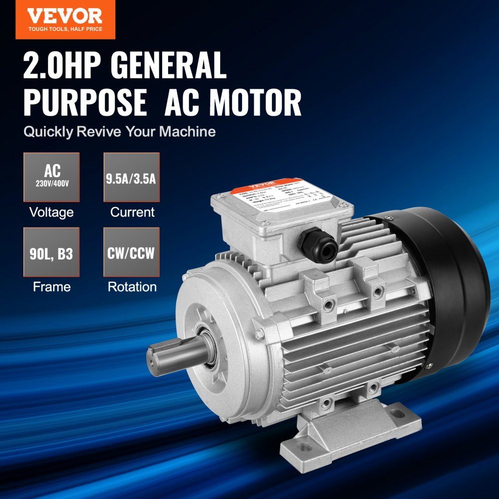 1,5 kW Elektromotor 3000 U/min AC 230 V/400 V 9,5 A/3,5 A 90L B3 Rahmen Luftkompressormotor 3 Phasen 24 mm Keilwelle Rechts-/Linksdrehung für landwirtschaftliche Maschinen und allgemeine Geräte