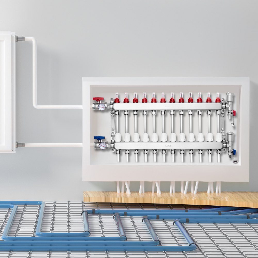 12 Branch Heat Spreader, 1/2" PEX Pipe Manifold, Stainless Steel PEX Manifold for Hydronic Underfloor Heating, Heat Distribution PEX Manifold Kit with 1/2" Adapters Included