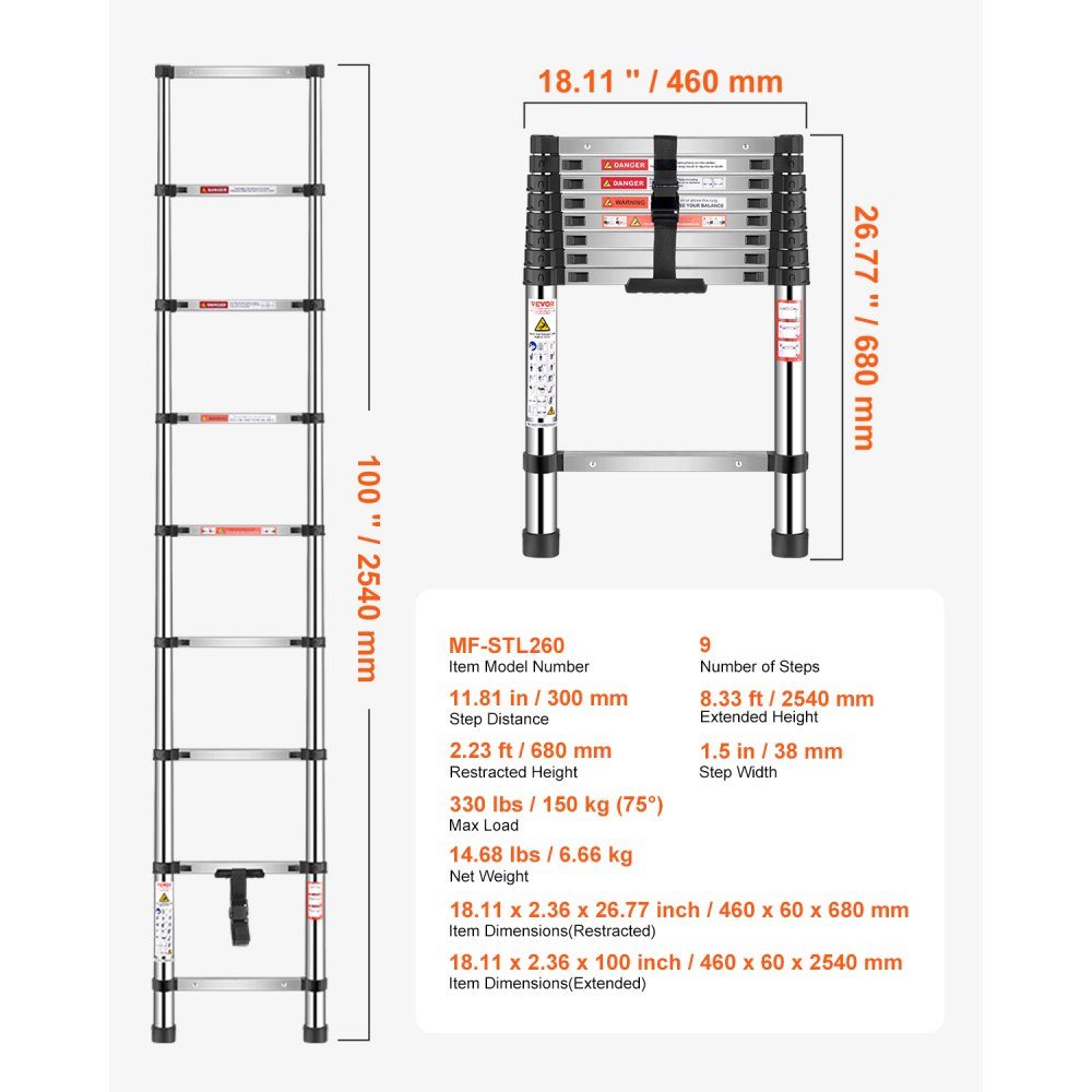 Telescopische ladder, 100 inch lange roestvrijstalen verlengladder, vouwladder met 150 kg laadvermogen (75 °) en antislipvoeten, draagbare 9-staps ladder voor thuis, camper, zolder