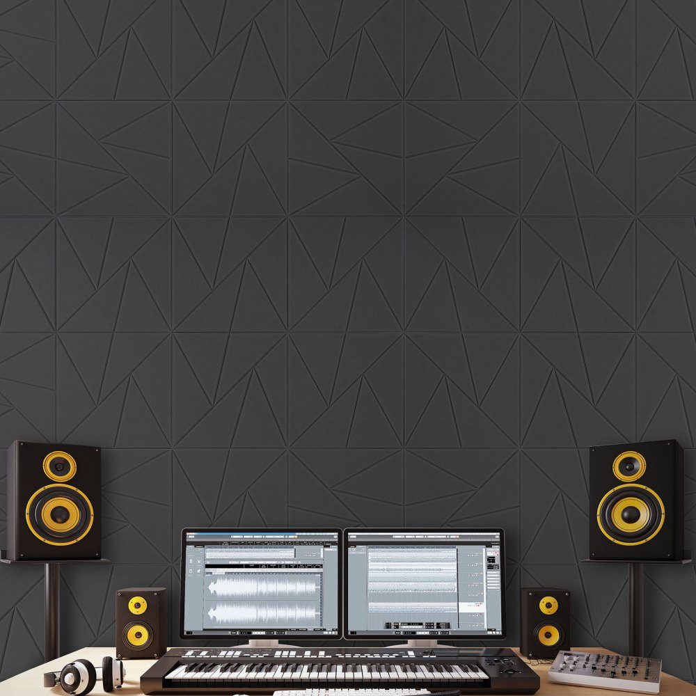 Packung mit 18 Akustikplatten mit selbstklebendem Klebeband, 300 x 300 x 10 mm, schalldichte Schaumstoffplatten, Akustikwandpaneele aus Polyesterfaser, für Zuhause, Studio, Büro, Theater, Schwarz