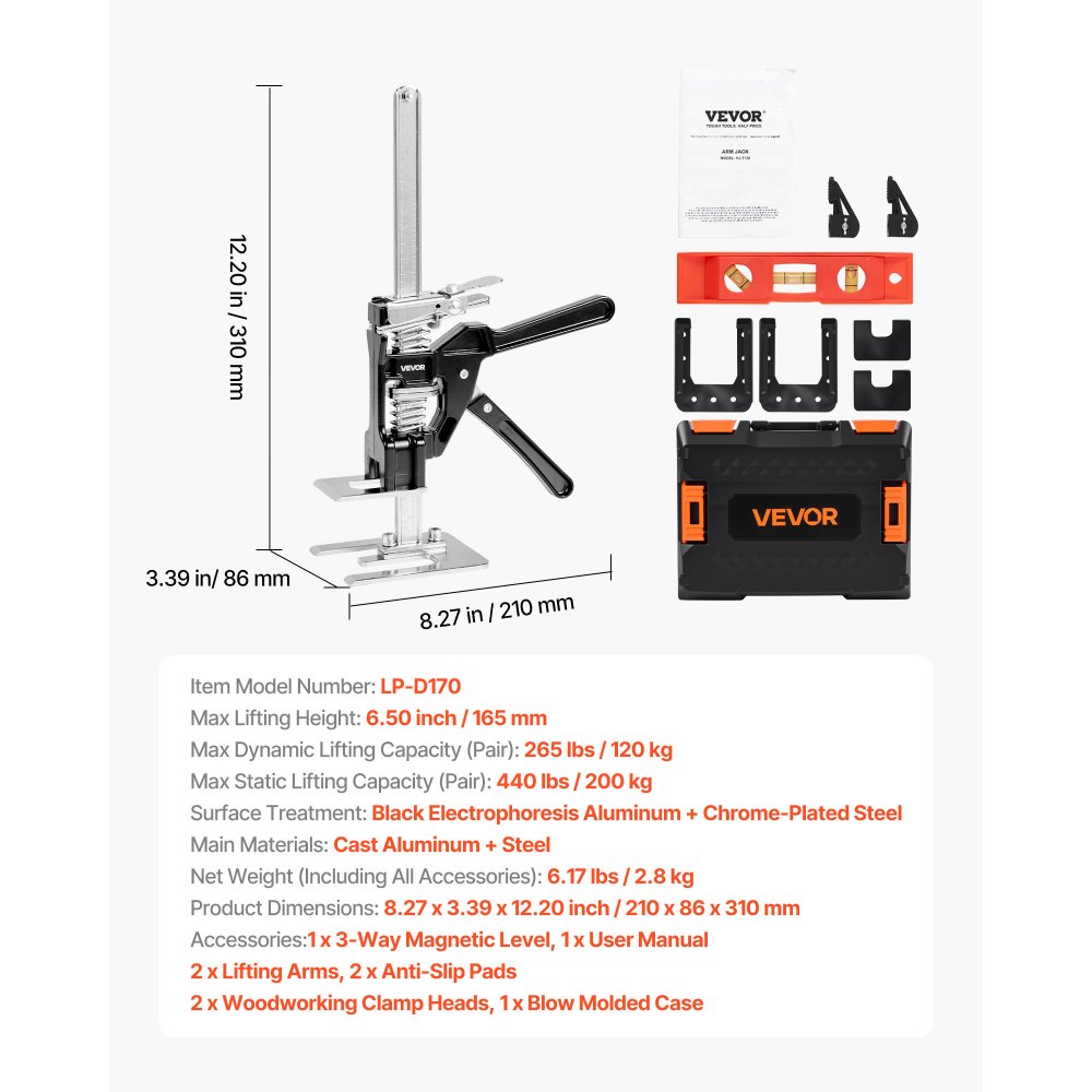 Arbeidsbesparende armheffer, 2 stuks, 120 kg laadvermogen, heffen tot 165 mm, handheffer met magnetische waterpas, 2 aanpassingsmodi, voor deuren, ramen, meubels, houtbewerking, zwart