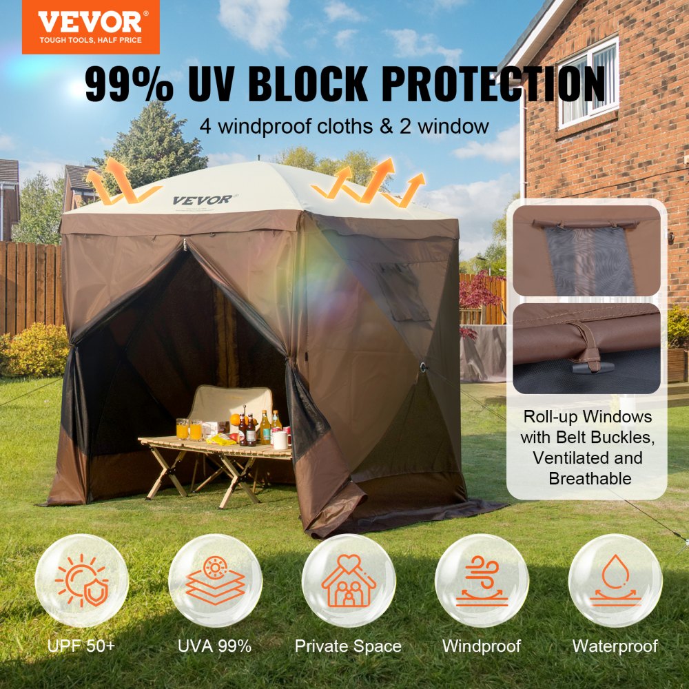 Pop-Up-Pavillon-Zelt, Pop-Up-Zelt mit 4 Seitenüberdachungen, Sonnenschutz mit 4 abnehmbaren Sichtschutz-Windtüchern und Netzfenstern, 6 x 6 Fuß, schnell aufzubauendes Zelt mit Moskitonetz, Braun