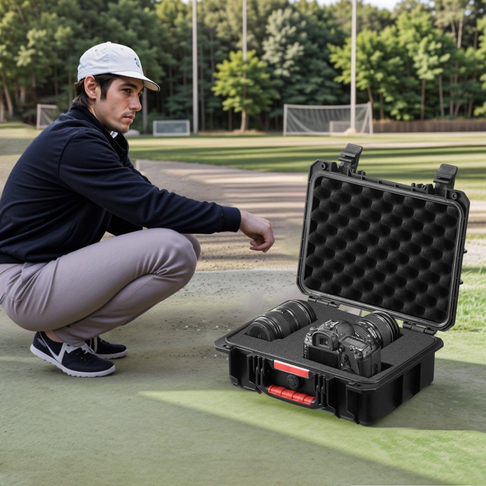 Weatherproof Hard Shell Dry Boxes with Pre-Cut Foam and Retractable Handles for Travel, IP67 Waterproof Case for Cameras, Black (38 x 30 x 14 cm)
