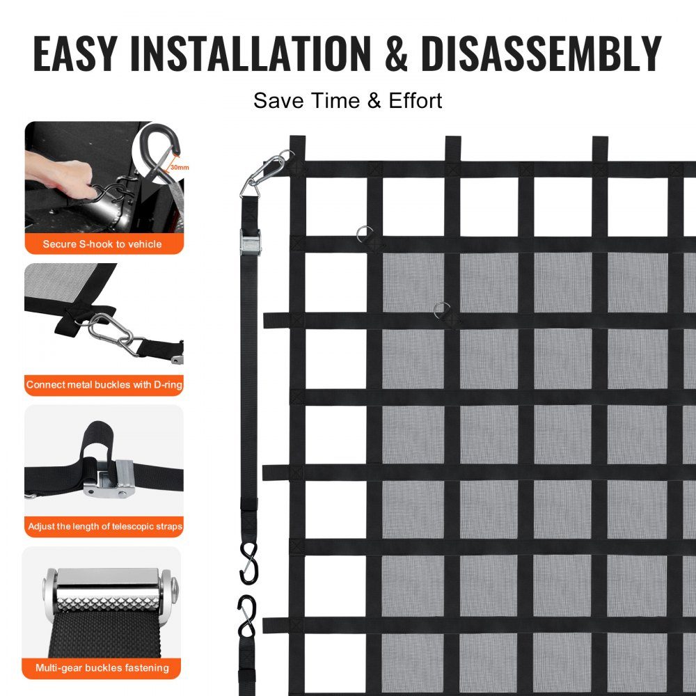 Cargo Net, 183 x 145 cm, Truck Bed Net, 4 Adjustable Straps with Carabiners & S-Hooks, Transport Net Wear-Resistant & Weatherproof, Luggage Net Suitable for Pickup, Truck, Jeep, SUV, Boat