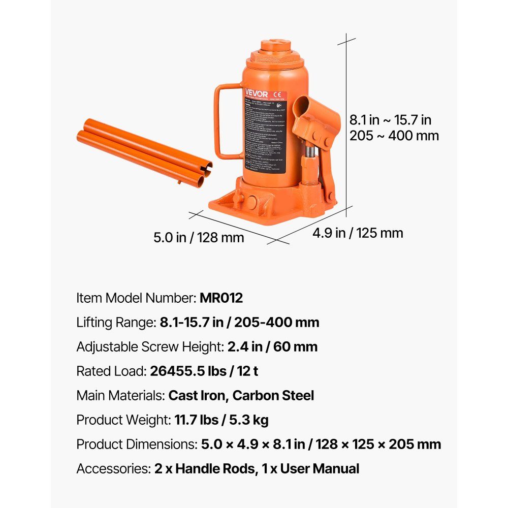 Podnośnik hydrauliczny Podnośnik butelkowy 12 ton 205-400 mm Zasięg podnoszenia Wytrzymały podnośnik stemplowy do samochodu SUV Pickup Naprawa samochodów Winda domowa Sprzęt rolniczy Pomarańczowy