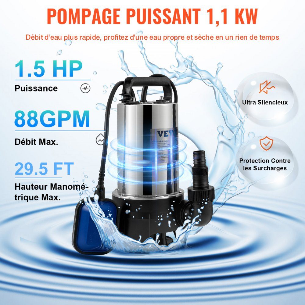 Tauchpumpe 1100 W Schmutzwasserpumpe 230 V Gartenpumpe Durchfluss 333,3 l/min Schmutzwasser-Tauchpumpe IPX8-Auslass zuschneidbar zum Pumpen von Wasser aus Schwimmbeckenteichen