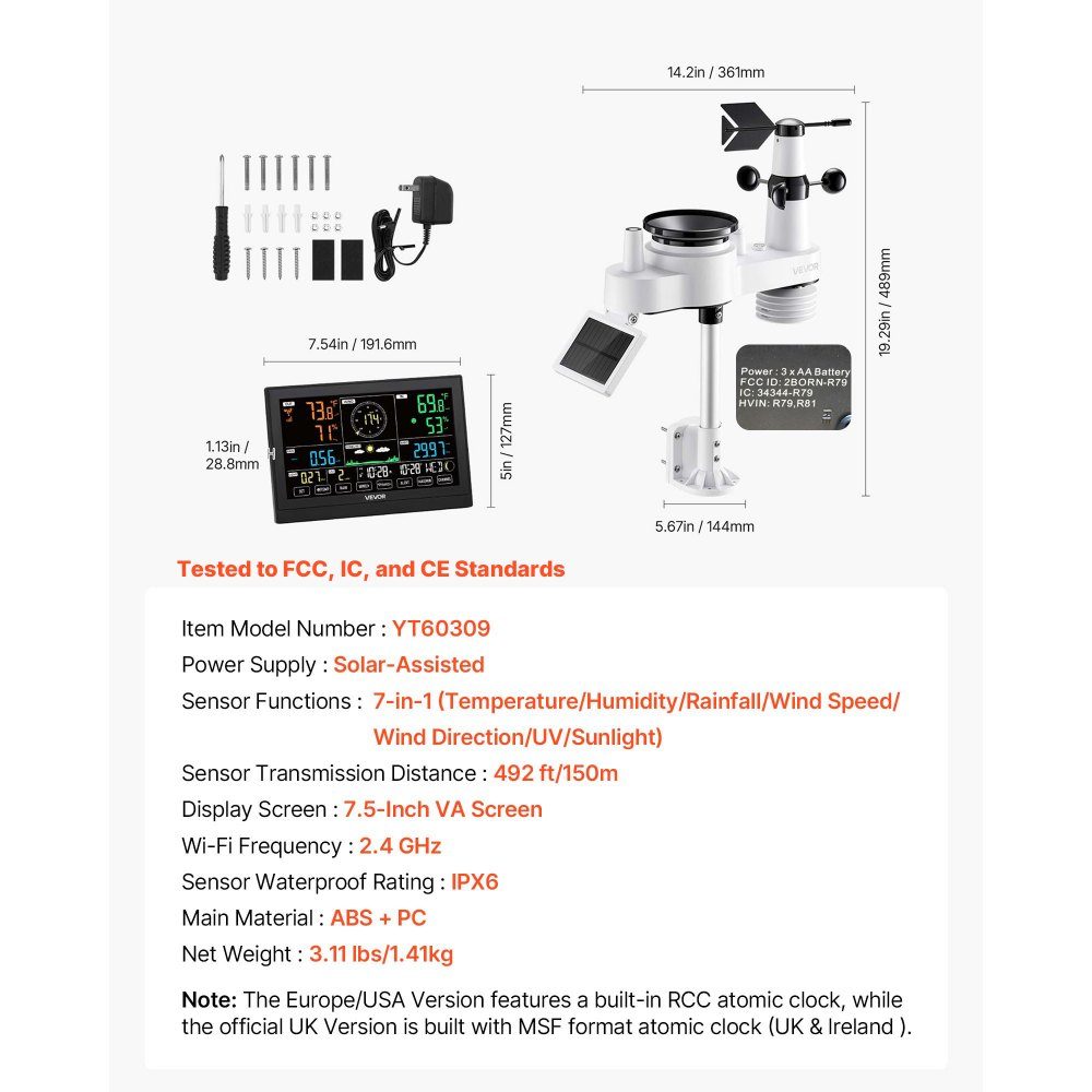 7 in 1 Wireless Weather Station, 7.5" Display, Solar Powered Outdoor Sensor, Rain Gauge, Weather Forecast, Temperature, Humidity Meter, Wind Speed ​​and Direction (No WiFi)