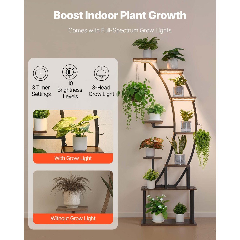 Plantenstandaard met groeilicht, 9-laags bloementrappen, metalen bloemenstandaard, 3 timers en 10 helderheidsniveaus, bloemenplank voor woonkamer- en balkondecoratie, 62 x 28 x 160 cm