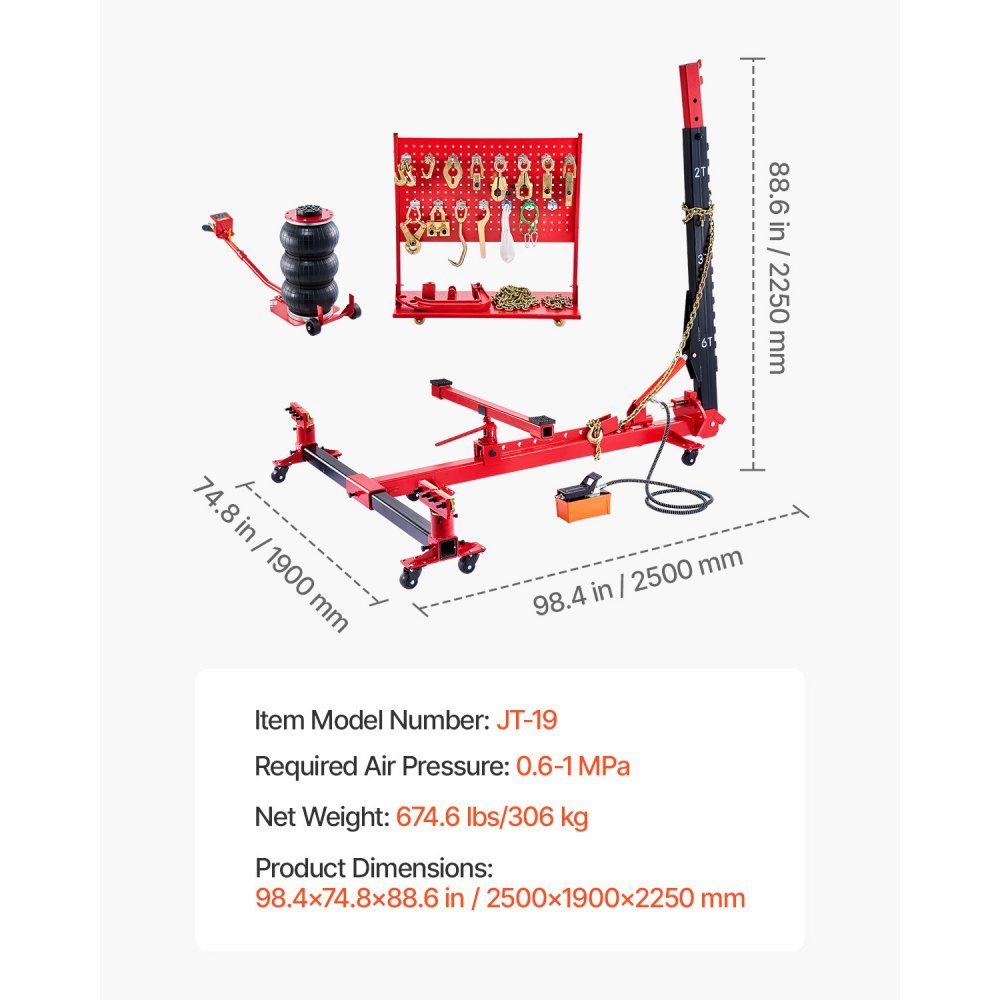 Body Frame Puller and Straightener, 6T Tension Body Repair Tool with 3T Airbag Jack and 45MPa Hydraulic Foot Pump, Includes 16 Straightening Tools, for Auto Repair Shops