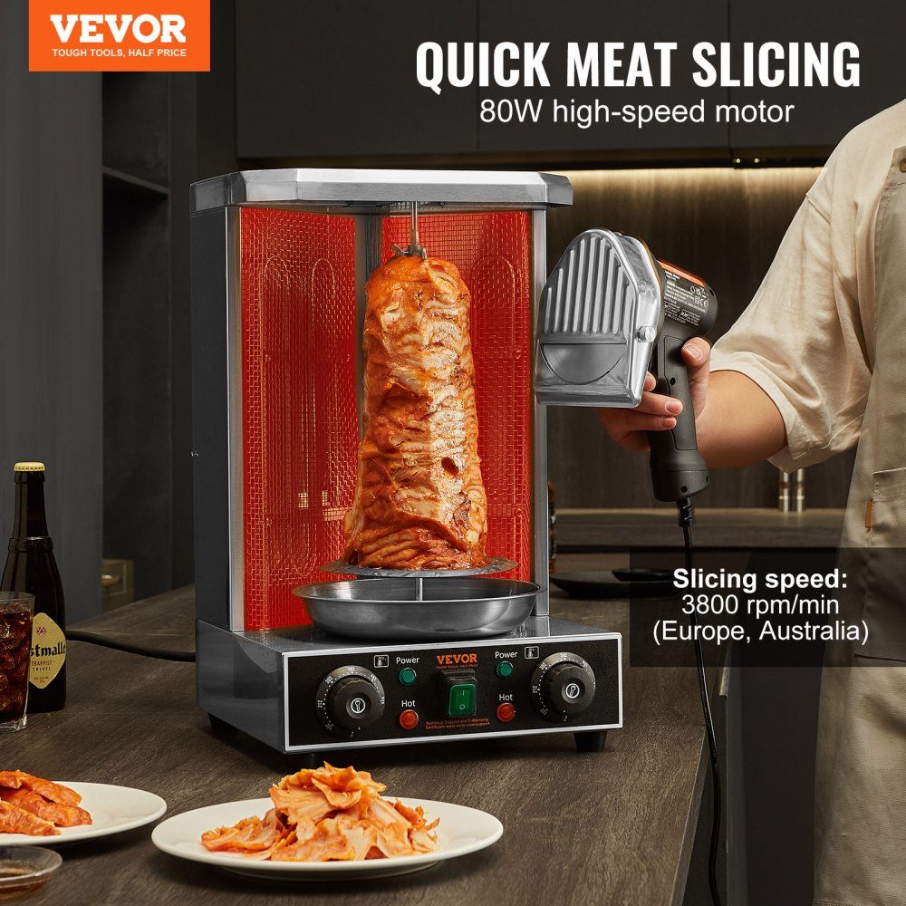 Elektrisches Shawarma-Messer, 80 W, türkisches Kebab-Messer, kommerzieller Gyro-Schneider aus Edelstahl, Döner-Kebab-Fleischschneider mit 2 Klingen, 100 mm Klingendurchmesser