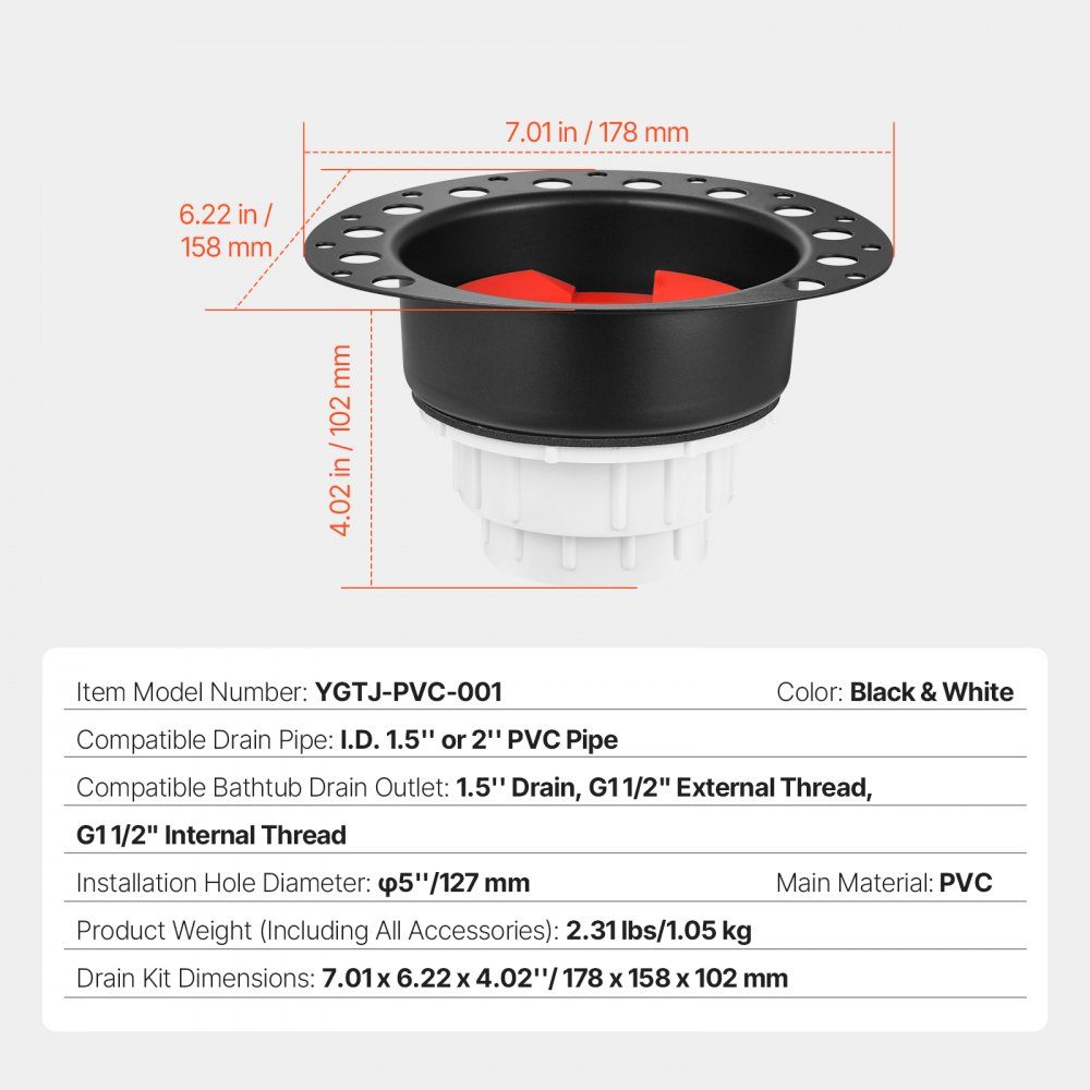 PVC Freestanding Bathtub Drain Set, Coarse Bathtub Drain Set with PVC Drain Adapter, Compatible with Freestanding Bathtubs, Floor Mounted Bathtubs and Island Bathtubs